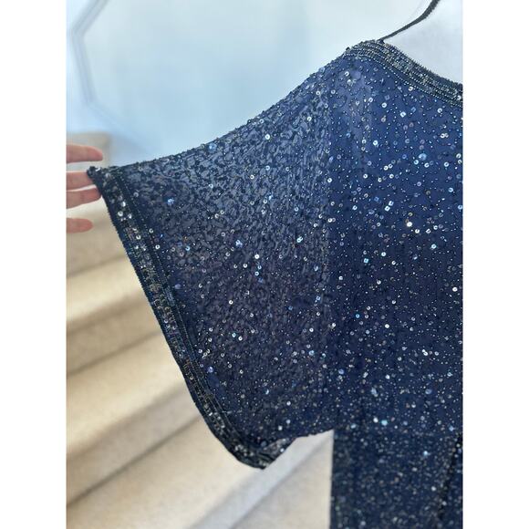 Patra Navy Beaded Silk Draped Scoop Neck Cocktail Dress - Picture 5 of 9